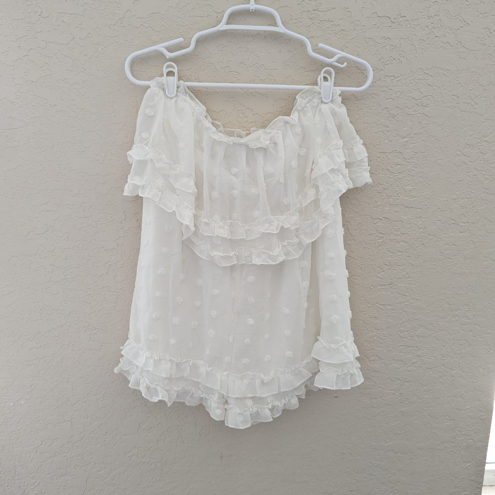 Simplee White Polka Dot Ruffle Romper Shorts Bridal Wedding Size M NWT